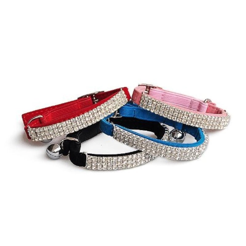 CHUKCHI Soft Velvet Safe Cat Adjustable Collar Bling Diamante with Bells,4 Pcs Blackï¼ŒPinkï¼Œred, Black